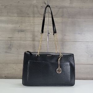 DKNY Black Textured Leather Shoulder Bag with Gold Chain Straps